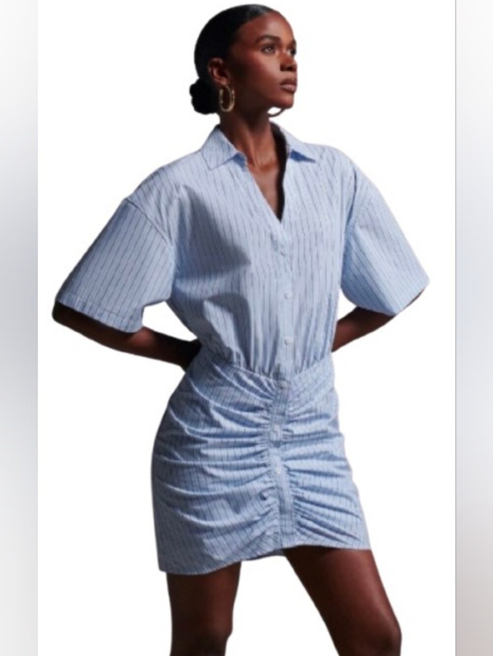 NWT KBB by Kahlana Ruched Midi Shirt Dress Blue Pinstripe Size Medium